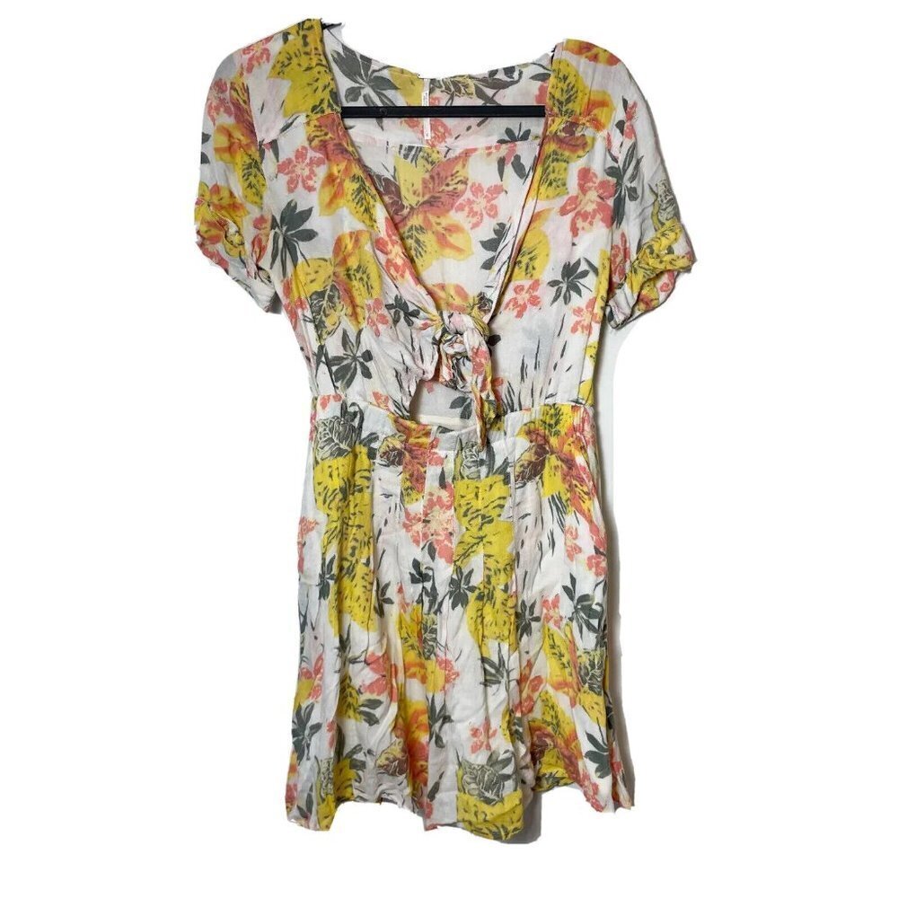 Free People Part Time Lover Floral Tie Front Mini Dress Yellow Sz 0 Beach Cutout